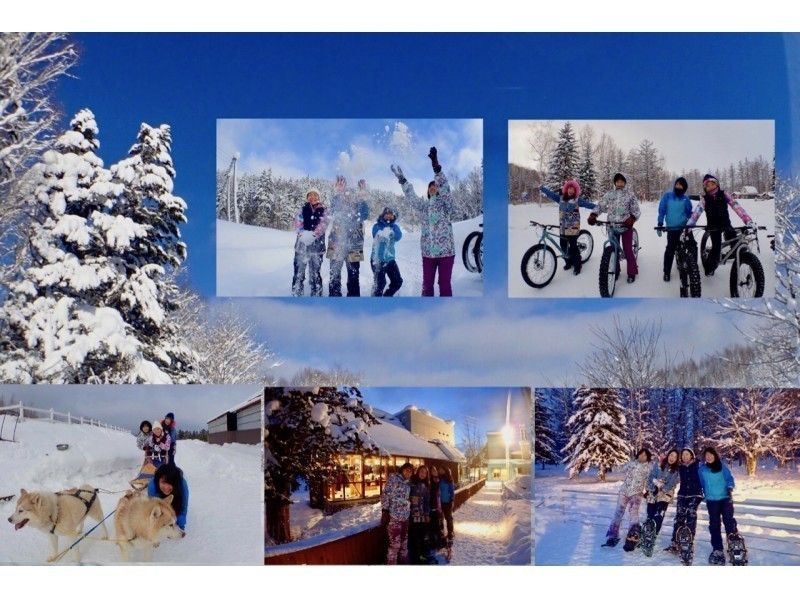 札幌出発、富良野 ・美英の犬ぞり・スノーシュー・ファットバイク・温泉付、北海道の冬1日満喫プラン♬