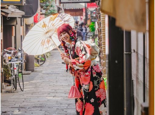 【오사카 · 도톤보리 / 난바 에리어] 기모노를 입고 난바 에리어의 네온 거리를 즐긴다! (유카타 / 기모노 90 분 플랜 헤어 세트 포함)の画像