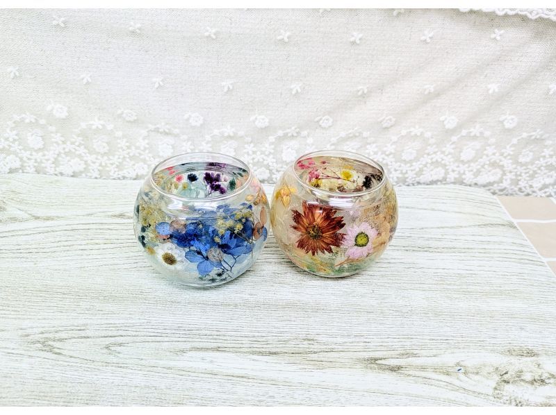 透明ジェルにお花が映える♪【ボタニカルキャンドルホルダー 丸型】リラックスタイムに♪クリスマスやイベントにも！の紹介画像