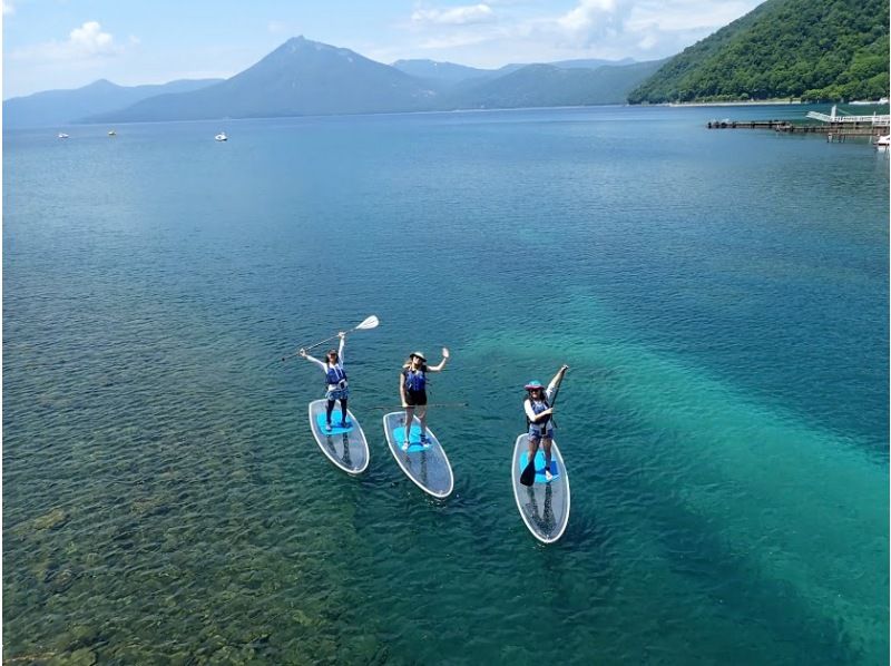北海道初！クリアサップ（SUP)全身濡れないドライスーツで暖かクルージング！水質10年以上日本一の国立公園支笏湖唯一の現地ショップで安心！
