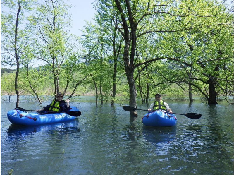【東北・山形県】鶴岡市　期間限定・秘境・荒沢湖・清らかな湖の水没林を漕ぐパックラフト（カヌー・カヤック）ツアー・写真データ無料！の紹介画像