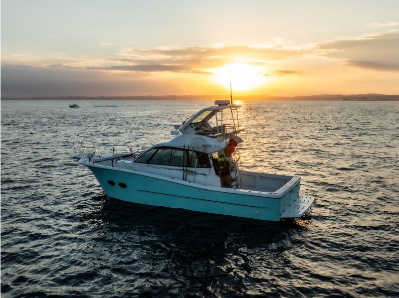 【宜野湾港マリーナ発】中型クルーザー完全貸切！クルージング、シュノーケル、釣り、最大10名まで乗船可能です貸切なので周りを気にせず遊べます！の紹介画像