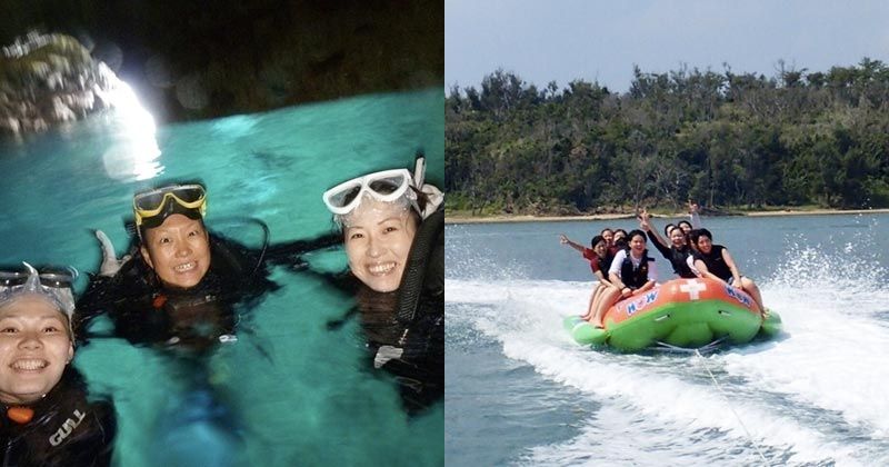 【오키나와 본섬 인기 액티비티】푸른 동굴 해양 레저와 비경 비치에서 즐기는 바나나 보트 세트를 개최 “무토 잠수”