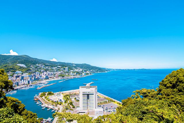 Panoramic Observation Castle Tower Atami City and Sagami Bay Beach seen from the castle tower observatory