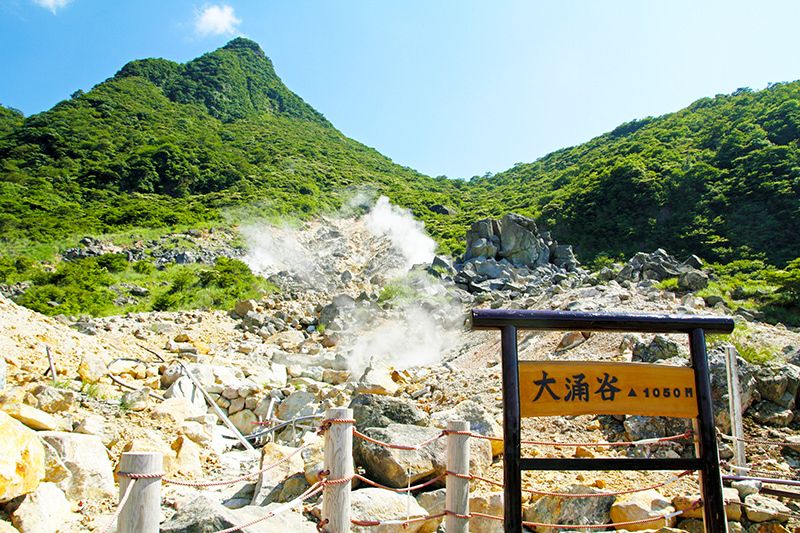 箱根　観光スポット　大湧現谷　代表箱根的景点　湧き上がる白煙　黒たまご　火山的气息