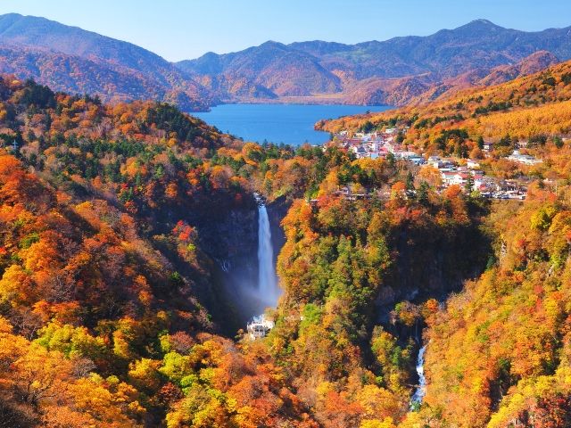Autumn foliage at Kegon Falls in Tochigi, one of Japan's three most famous waterfalls