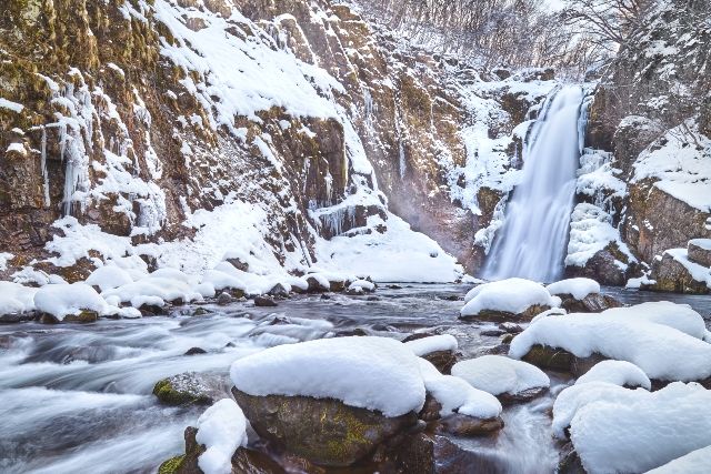 Famous waterfall, Akiu Falls, Miyagi, winter snow scene