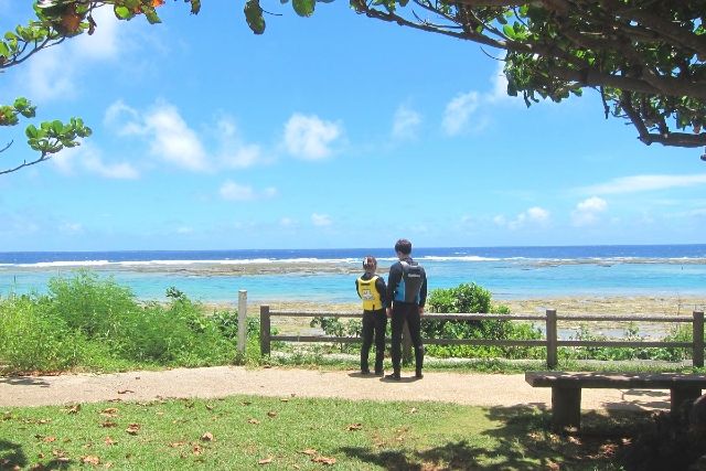 Couple enjoying snorkeling tour at Waterball in Okinawa John Man Beach