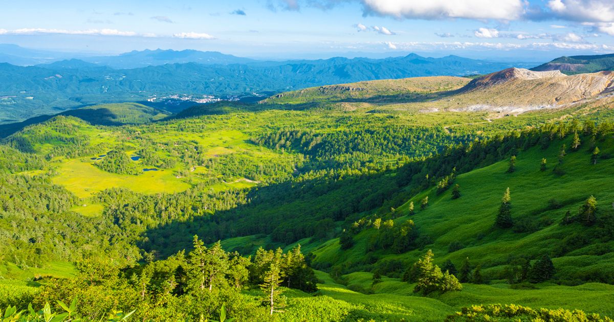 สถานที่ท่องเที่ยวในอุทยานแห่งชาติโจชินเอ็ตสึ โคเก็น เล่นกิจกรรมยามว่าง พื้นที่ชุ่มน้ำโยชิกาฮิระ และภูเขาคุซัตสึ-ชิราเนะ มองเห็นได้จากเส้นทางชิบุ เขียวขจีสดชื่น ต้นฤดูร้อน ฤดูร้อน