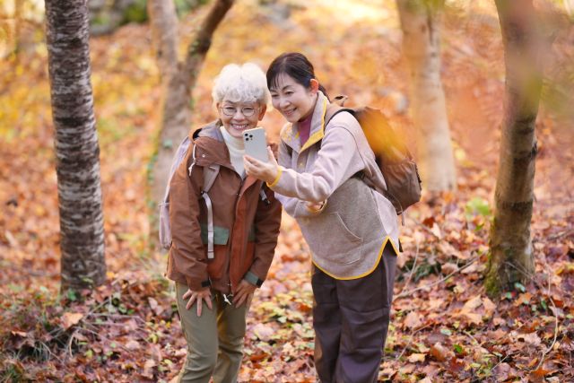 Two women using smartphones on a mountain path covered with fallen leaves