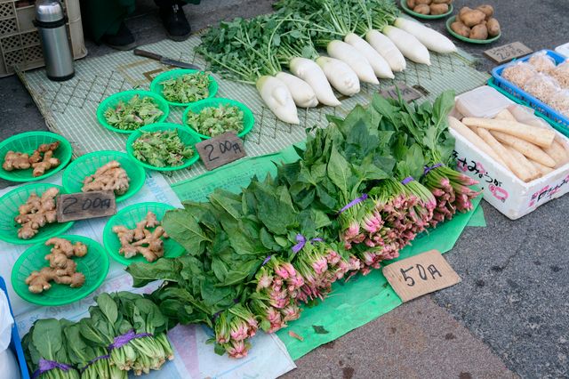 Fresh local vegetables lined up at the Katsuura Morning Market in Chiba Prefecture