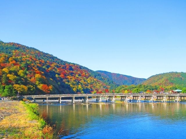 京都、渡月桥和秋叶