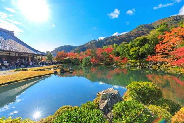 京都的秋天，天龍寺，曹源池花園，紅葉