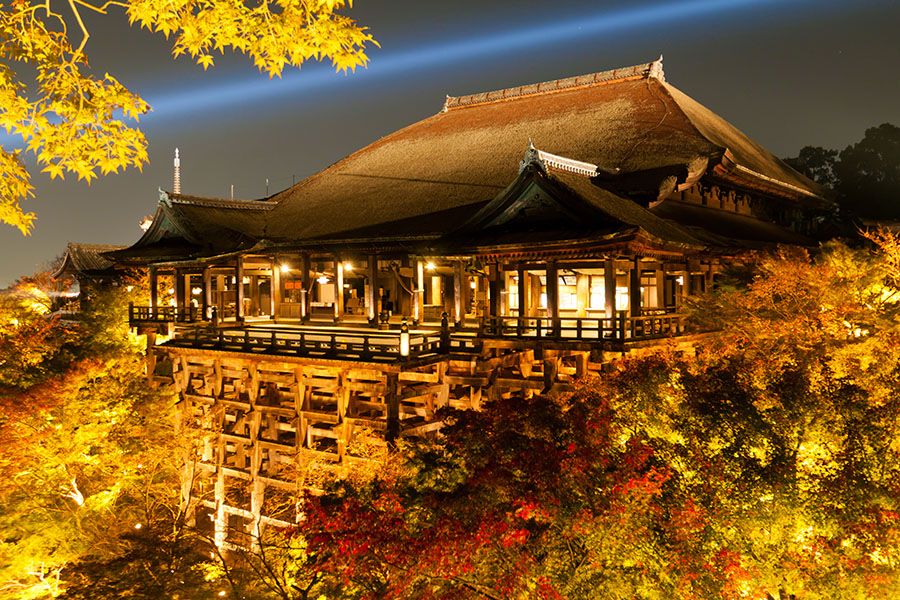 京都で人気の神社・寺　清水寺　清水の舞台　本堂　絶景　紅葉　ライトアップ
