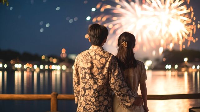 A couple wearing a yukata and enjoying a fireworks display