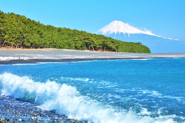静岡　三保の松原　絶景スポット　海岸と富士山と松林