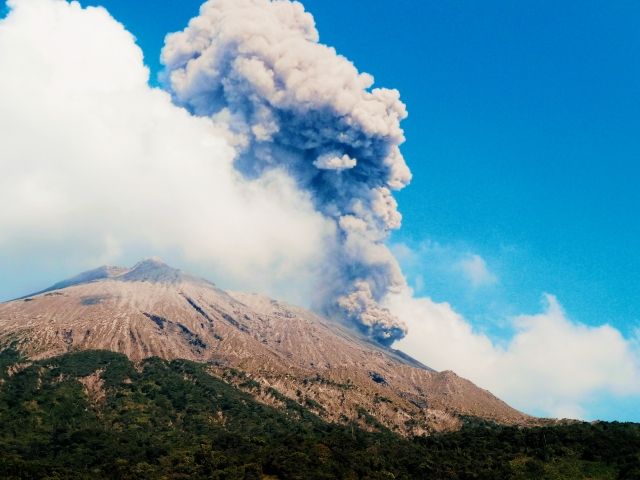 Kagoshima Prefecture, Sakurajima with volcanic smoke rising