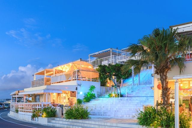 Okinawa tourist spot Senaga Island Umikaji Terrace at dusk