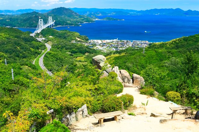 ฮิโรชิมะ โอโนมิจิ ชิมานามิ ไคโดะ หอสังเกตการณ์อินโนชิมะชิราทากิยามะ สะพานอินโนชิมะมองเห็นได้จากภูเขาชิราทากิ