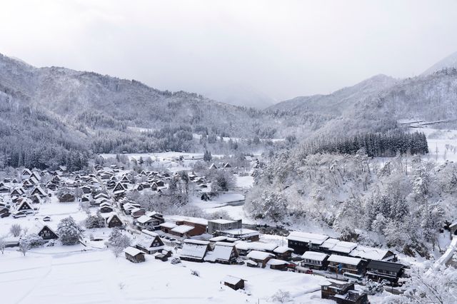 Snow-covered Shirakawa-go as seen from Shiroyama Castle Tower (observation deck)