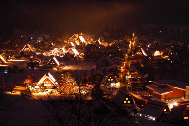 Shirakawa-go illuminated by lights