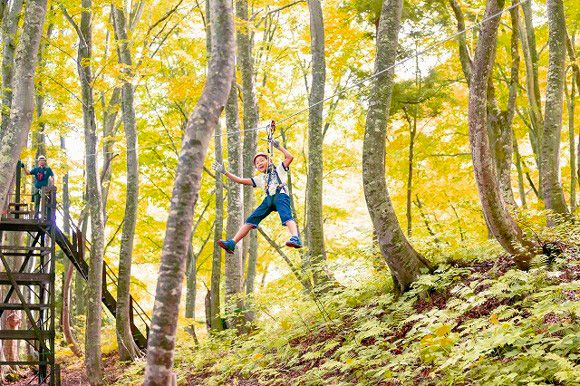 スキー場の春・夏・秋　2024　グリーンシーズンにおすすめのアクティビティ　山梨　南都留　鳴沢村　ふじてんリゾート　湯沢高原ジップラインアドベンチャー　ジップラインを楽しむ子供