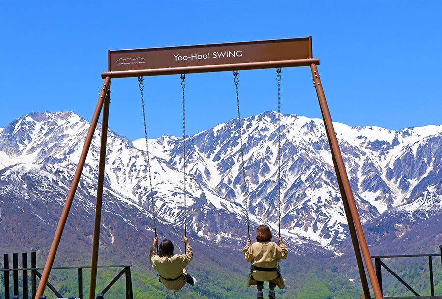 Ski Resorts Spring, Summer, and Autumn 2024 Recommended Activities for the Green Season Nagano Hakuba Iwatake Mountain Resort Yahhoo! Swing presented by The Battle Cats A large swing that lets you experience the sensation of jumping into a magnificent landscape Spectacular views of the Northern Alps