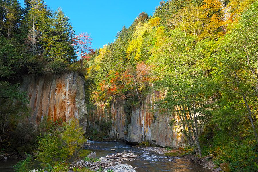 Sounkyo Obako Gorge Sounkyo Onsen Scenic spot The most beautiful gorge in Sounkyo Famous spot for autumn leaves Columnar joint rock surface and autumn leaves River Daisetsuzan National Park