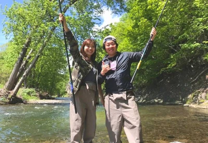 People who enjoy mountain stream fishing Hokkaido Furano Guideline Outdoor Club