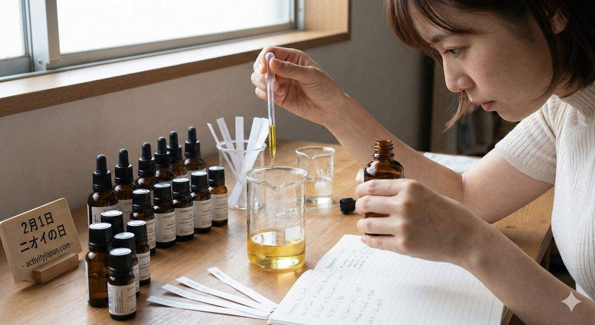 ビーカーとスポイトを使って、真剣な表情でオリジナルの香水を調合している女性の手元