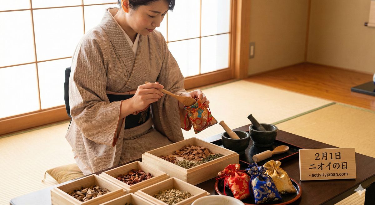 和室で色鮮やかな布袋に、自分好みに調合した香木を詰めて匂い袋を作っている伝統体験の風景