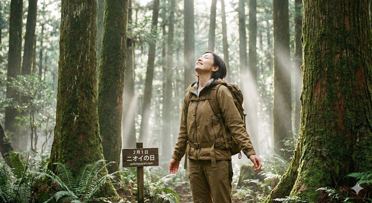 陽光が差し込む深い森の中で、大きく深呼吸をして木の香りを全身で楽しんでいるハイカーの姿