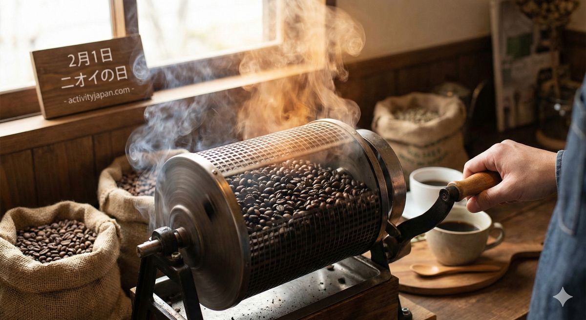 手回しの焙煎機から、煙と共に焼きたてのコーヒー豆の香ばしい香りが立ち上っている瞬間