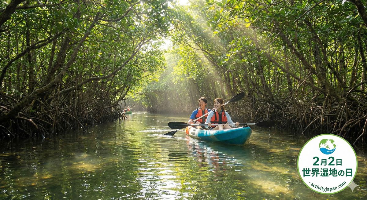 マングローブのトンネルをカヤックでくぐり抜け、木漏れ日が水面に反射する様子。