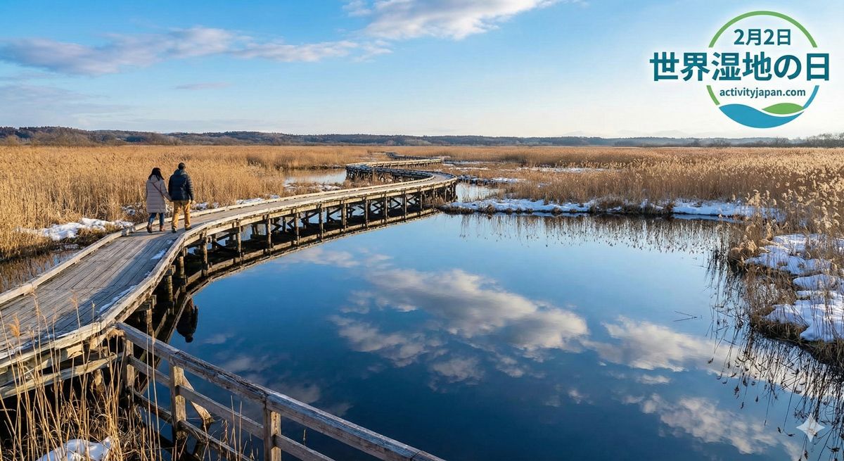 湿原に敷かれた木道と、空を映す水鏡のような池。
