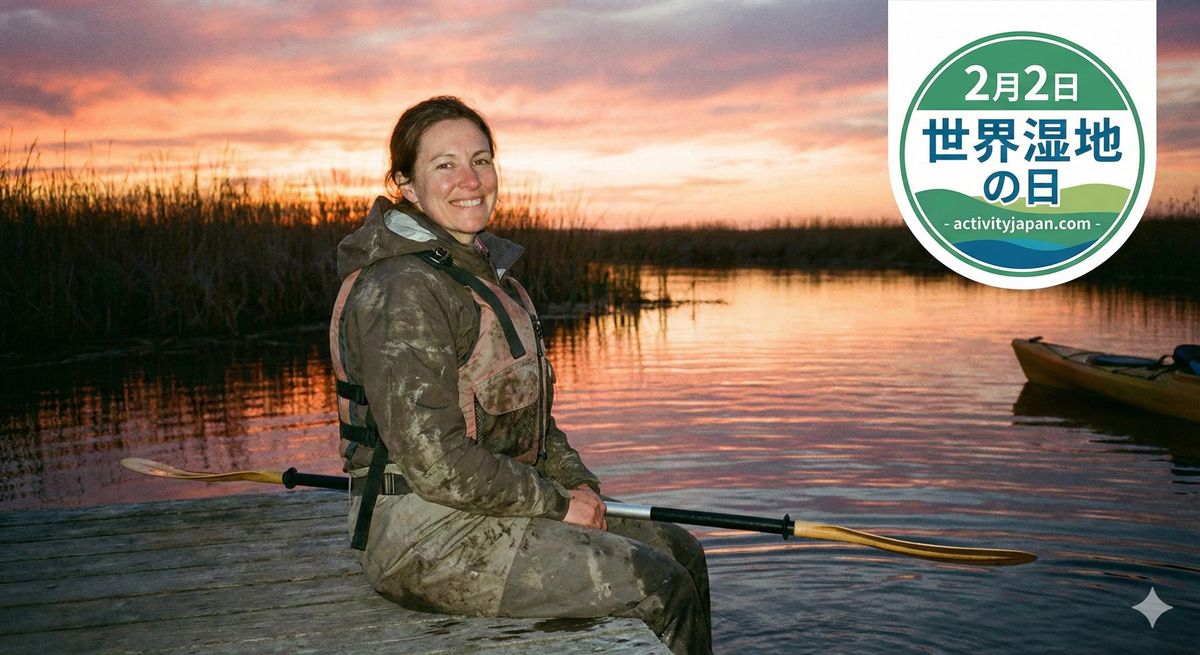 アクティビティを終え、夕暮れの湿地で満足げに微笑む女性。