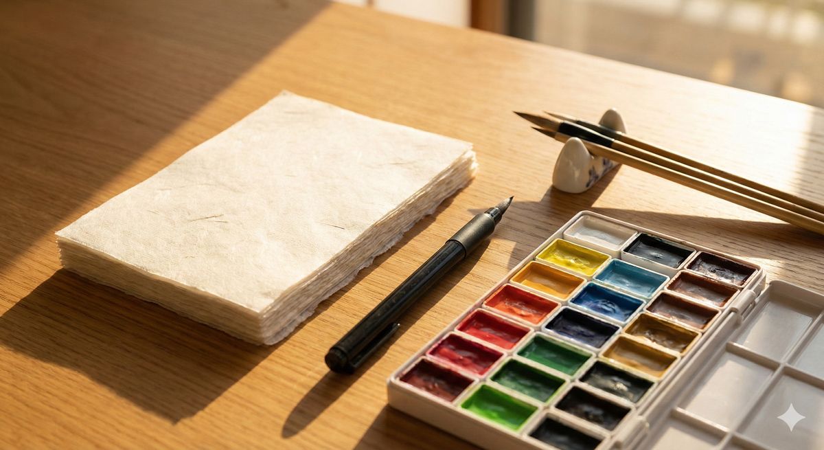 温かい日差しが差し込む木製のテーブルに、真っ白な和紙と筆、鮮やかな顔彩が並んでいる様子