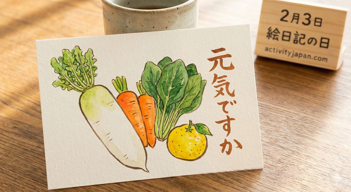 瑞々しい季節の野菜が描かれ、隣に「元気ですか」と一言添えられた温かみのある手描きのハガキ