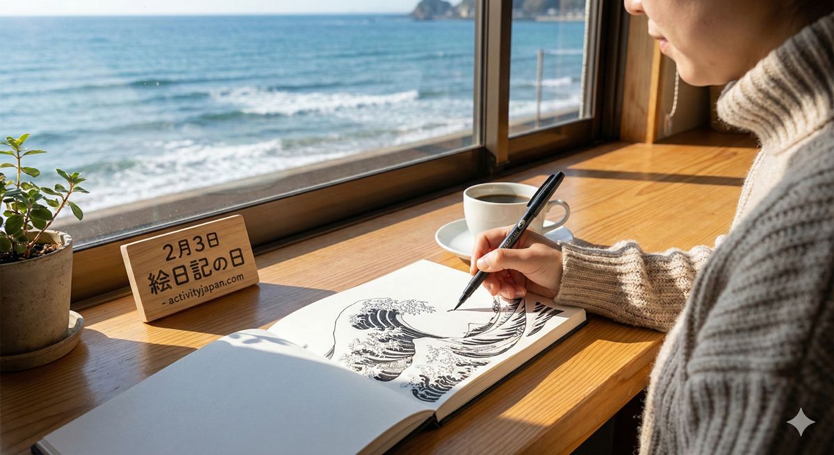 海が見える窓辺の席で、スケッチブックに筆ペンで波の絵を描いているリラックスした風景