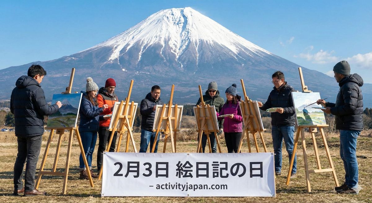 目の前に雄大な富士山が広がる屋外で、イーゼルを立てて絵を描く人々のアウトドアアート体験