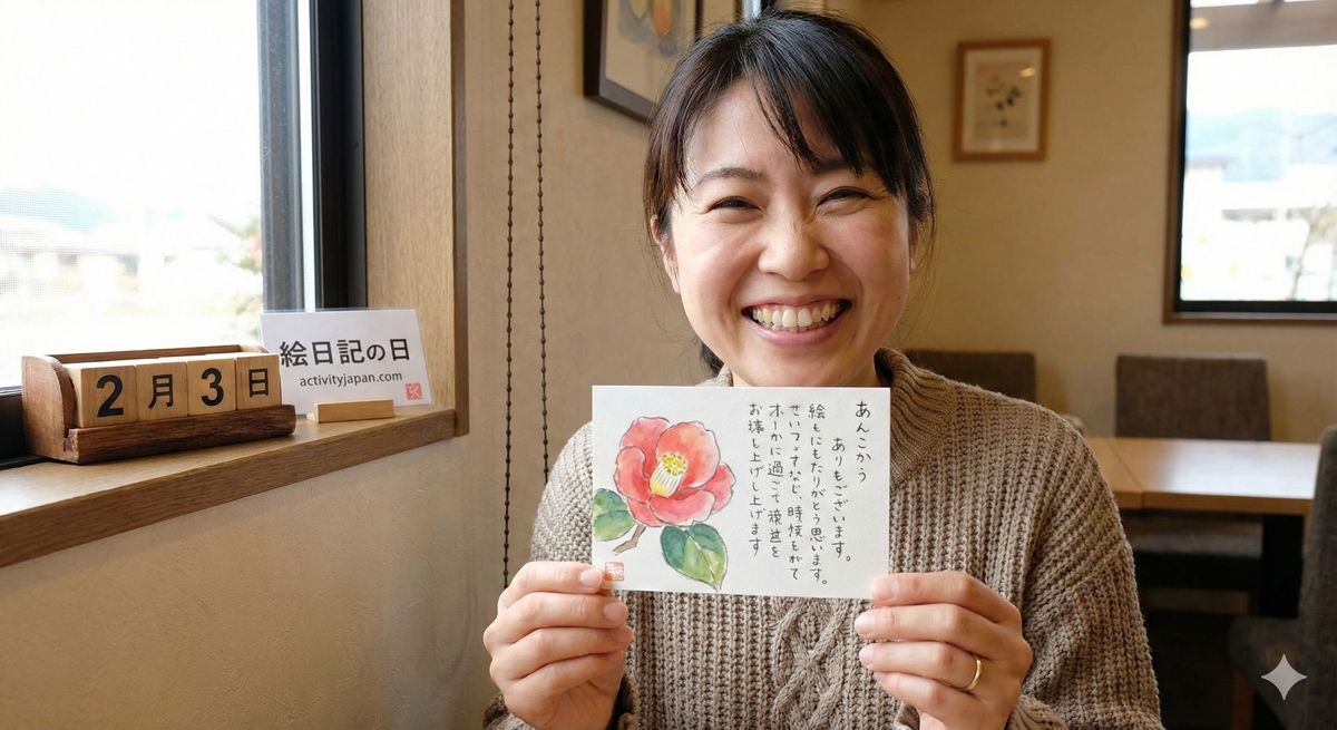 出来上がった自作の絵手紙を手に、晴れやかな笑顔を見せる女性のポートレート