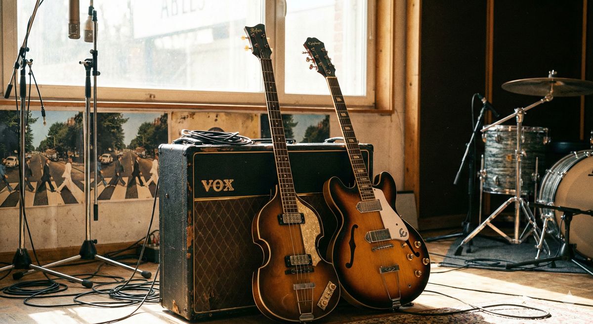 ビートルズの象徴的な楽器であるヘフナーのベースとエピフォンのギターが並ぶ、スタジオのような空間