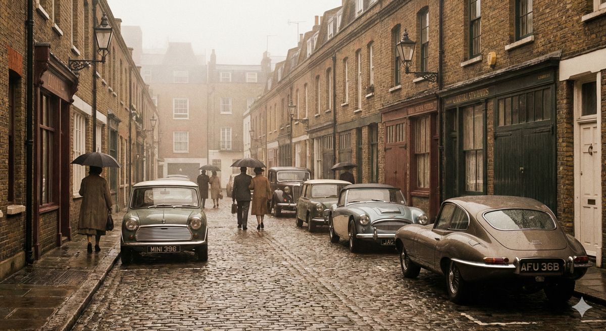 1960年代のロンドンを彷彿とさせる、石畳の路地とクラシックな車が並ぶノスタルジックな風景
