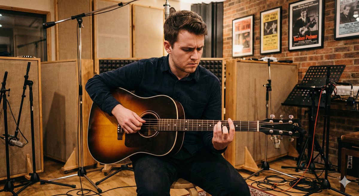 スタジオでアコースティックギターを抱え、真剣な表情でコードを練習している20代の男性の姿
