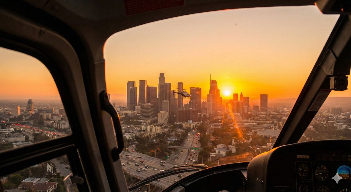 夕暮れ時の都市上空を飛行するヘリコプターから見える、オレンジ色に輝くスカイライン