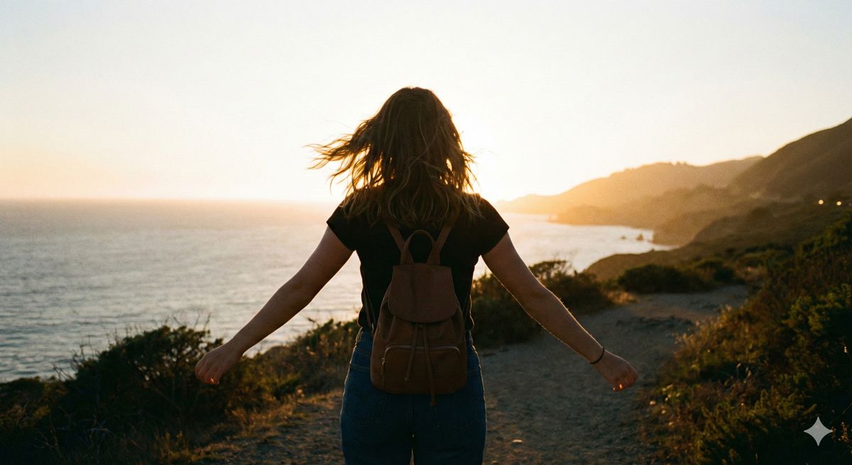 体験を終えた後の晴れやかな笑顔で、夕日に向かって歩き出す若い女性のバックスタイル