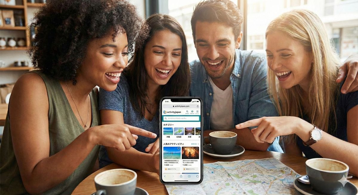 スマートフォンの画面でアクティビティを検索し、ワクワクした表情を見せる友人同士のグループ