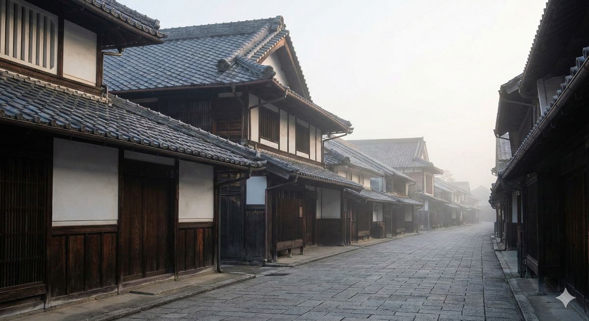 滋賀県日野町の歴史的な町並みと、商家の立派な瓦屋根が続く美しい風景。静寂と品格が漂う朝の空気感。