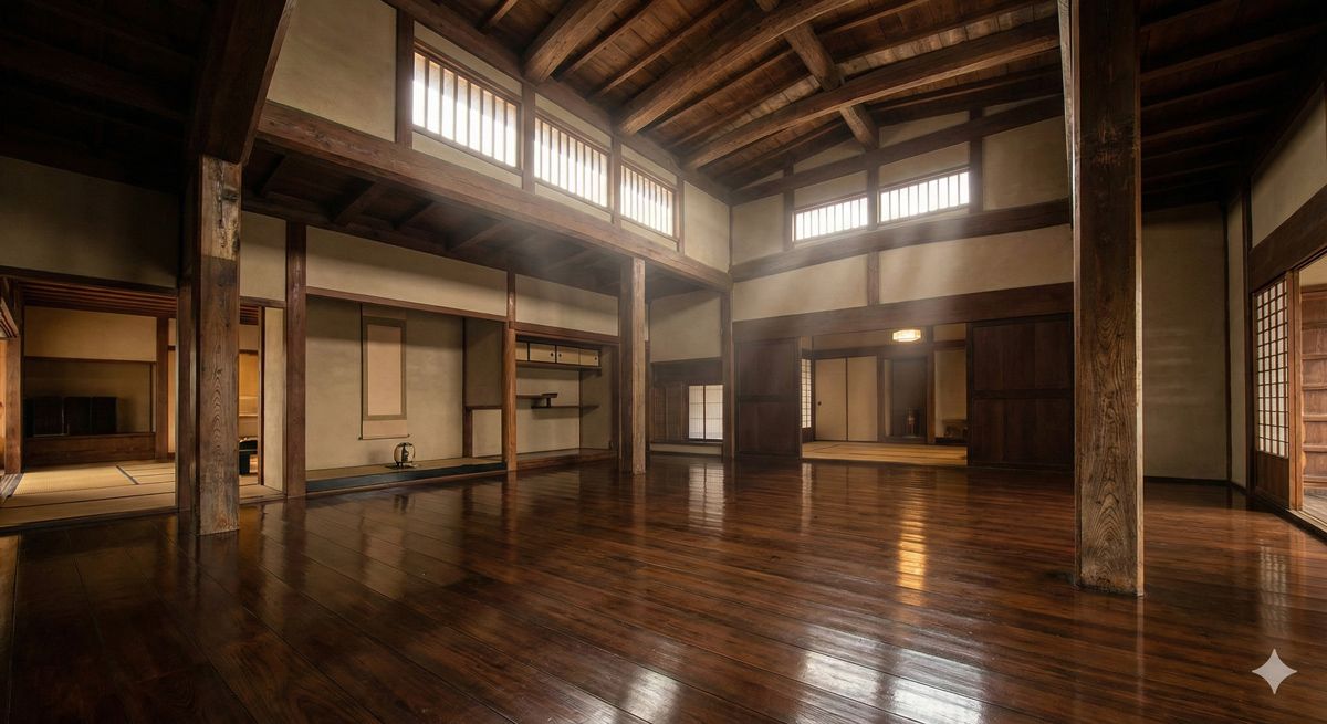 近江日野商人館の内部。磨き上げられた黒光りする床と、高い天井から差し込む優しい光。歴史の重みを感じさせる空間。