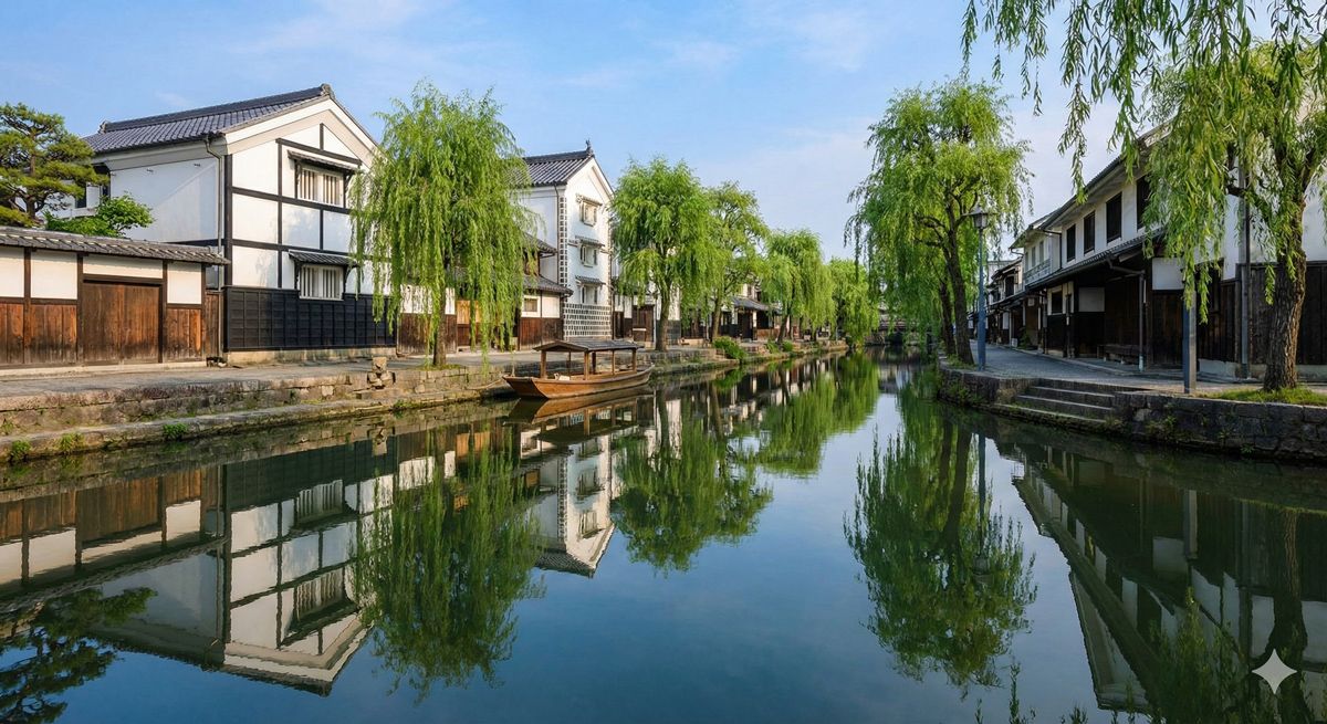 近江八幡の八幡堀。川沿いに建ち並ぶ白壁の蔵と、水面に映る柳の緑が美しい、タイムスリップしたような絶景。